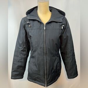 Black Front Zipper Lined Jacket with Cap Size Small